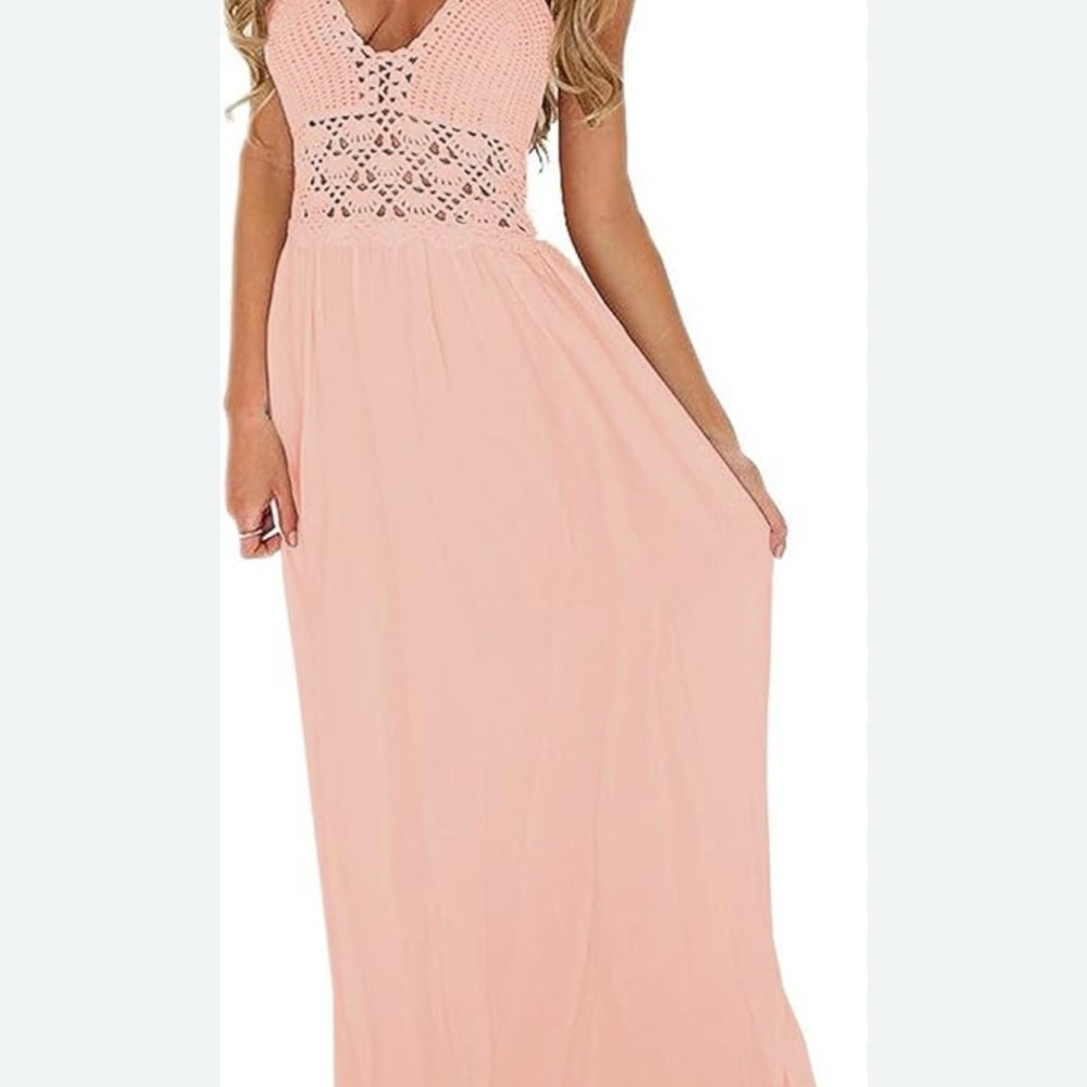 Sleeveless Crochet Bodice Maxi Dress in Blush Pink